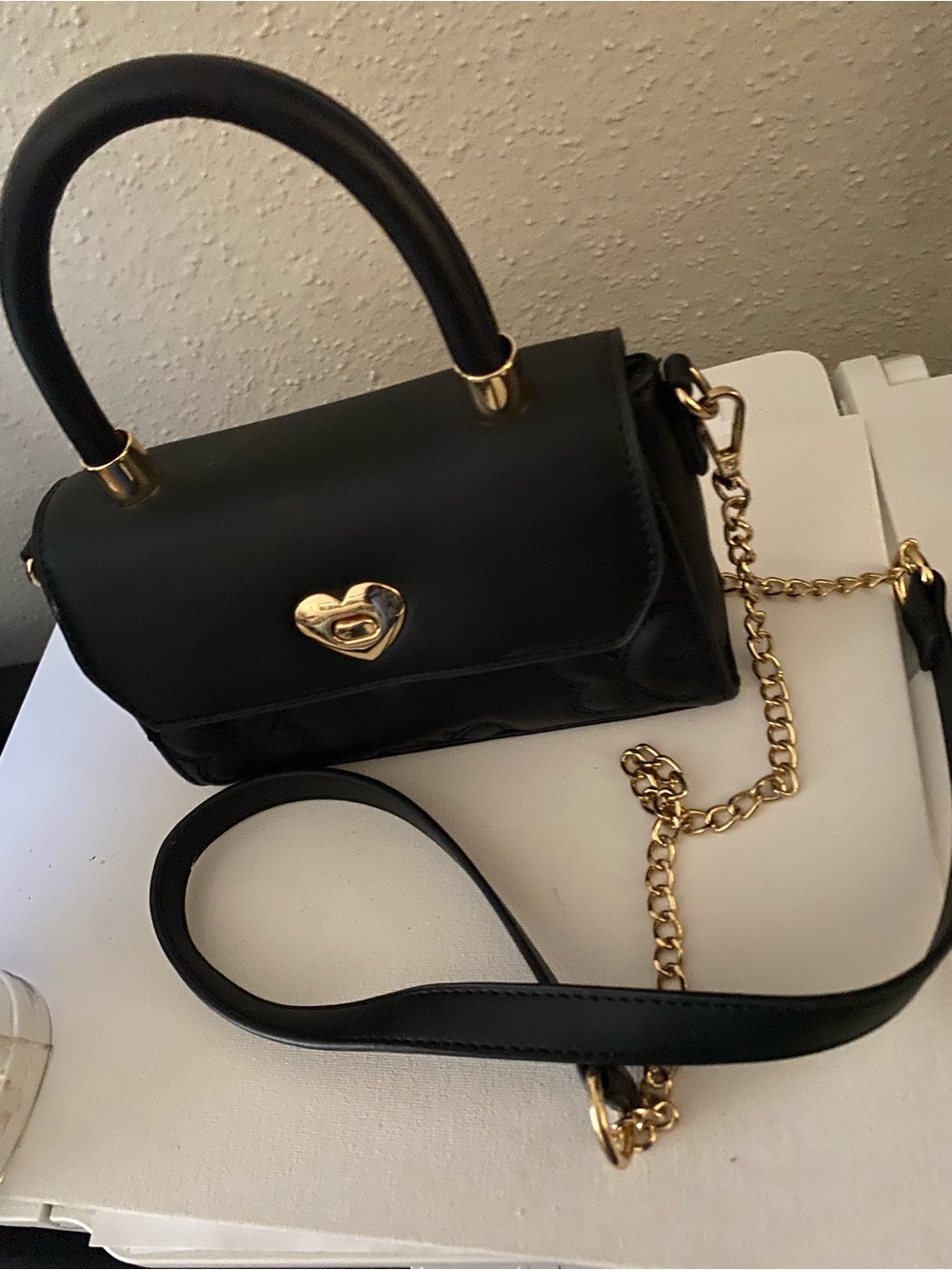 Black Mini Top-Handle Bag with Gold Heart Accent